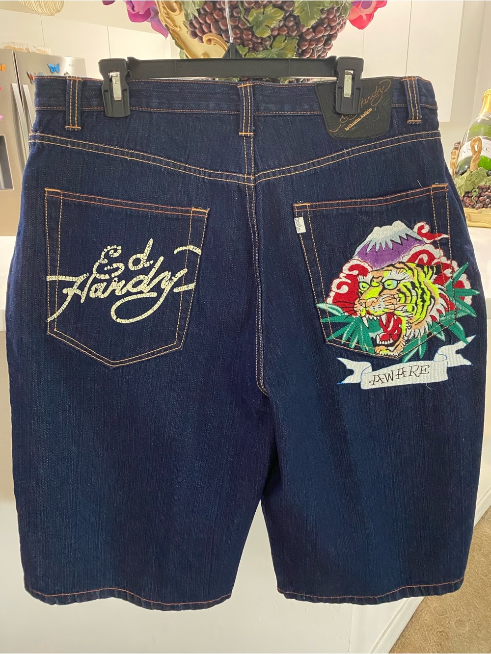 Ed Hardy Dark Blue Denim Jean Shorts with Contrast Stitching - Picture 2 of 10